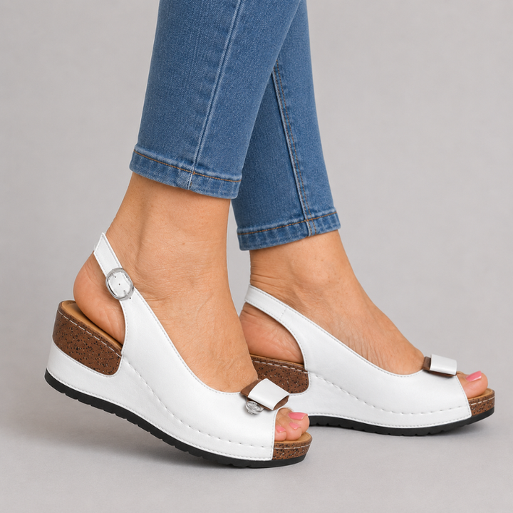 Women's Open Toe Wedge Slingback Sandals with Bow Detail and Buckle Strap