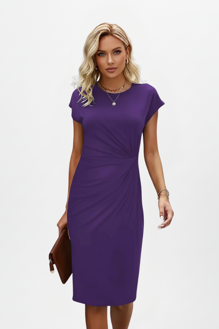Women's Crew Neck Cap Sleeve Knee-Length Dress with Ruched Waist Detail
