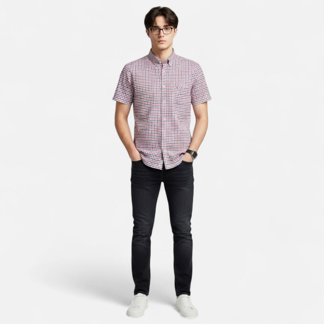 Men's Gingham Short Sleeve Cotton Shirt Button-Down
