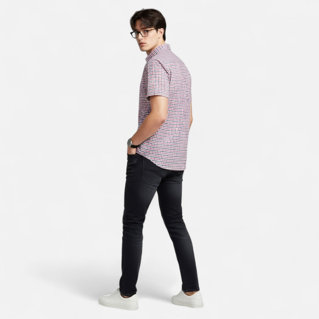 Men's Gingham Short Sleeve Cotton Shirt Button-Down