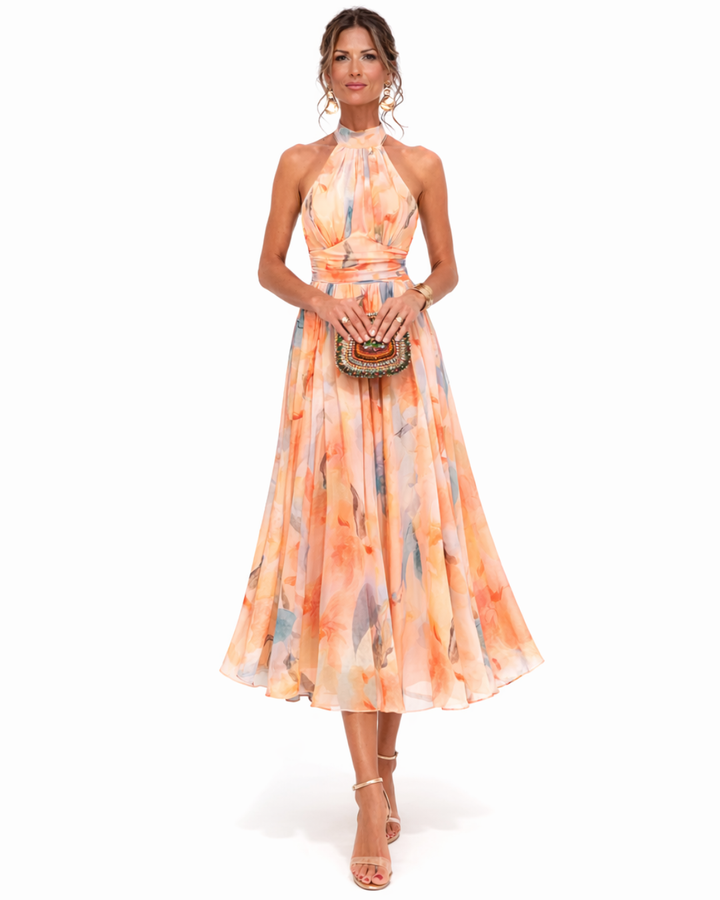 Watercolor Floral Halter Neck Midi Dress Ruched Wais