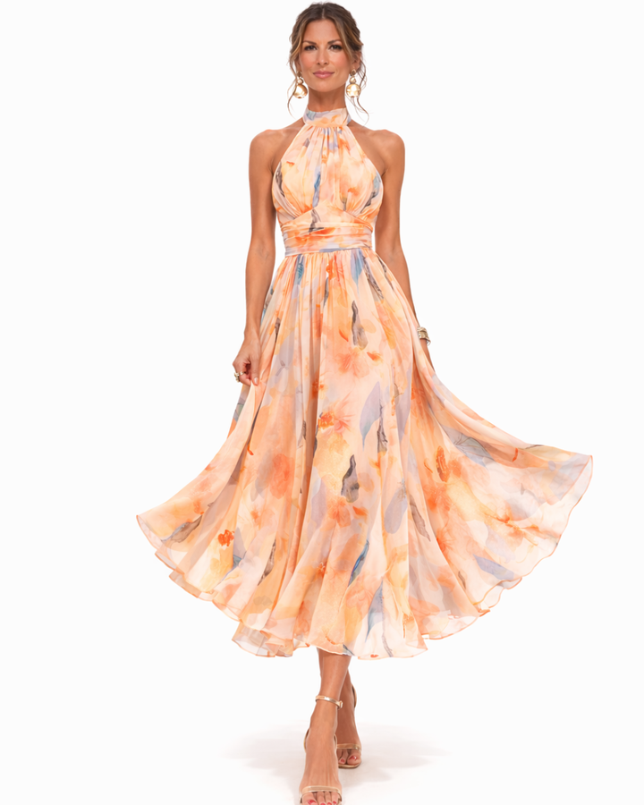 Watercolor Floral Halter Neck Midi Dress Ruched Wais