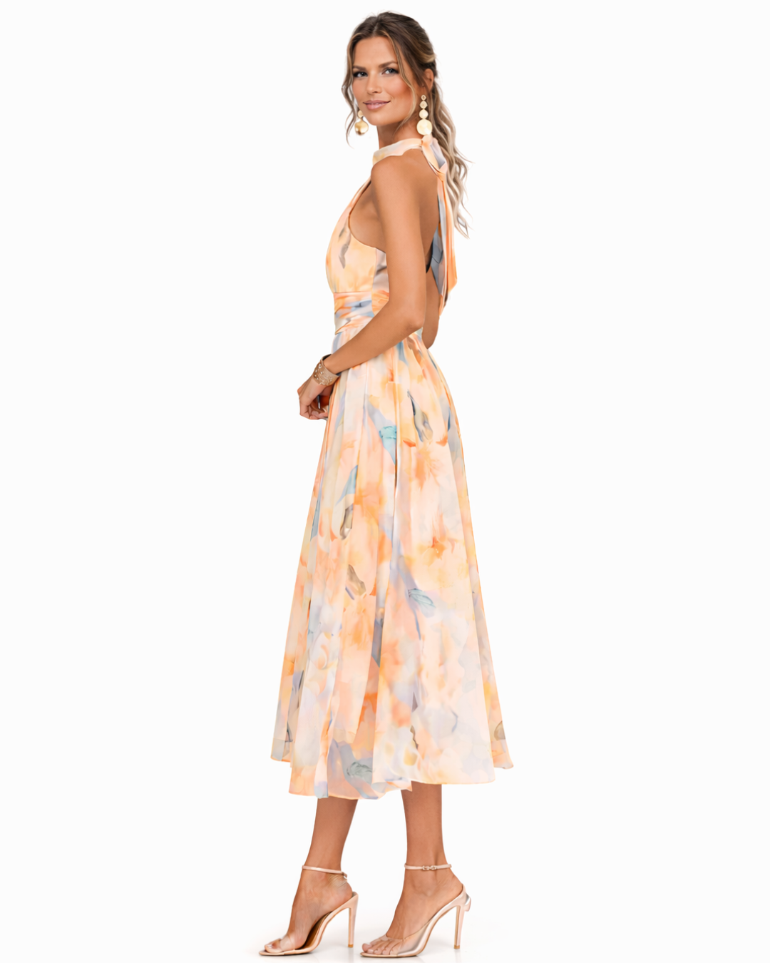 Watercolor Floral Halter Neck Midi Dress Ruched Wais