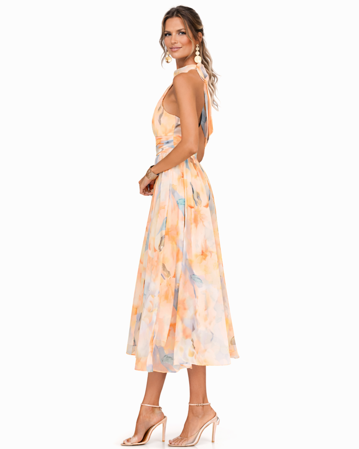 Watercolor Floral Halter Neck Midi Dress Ruched Wais