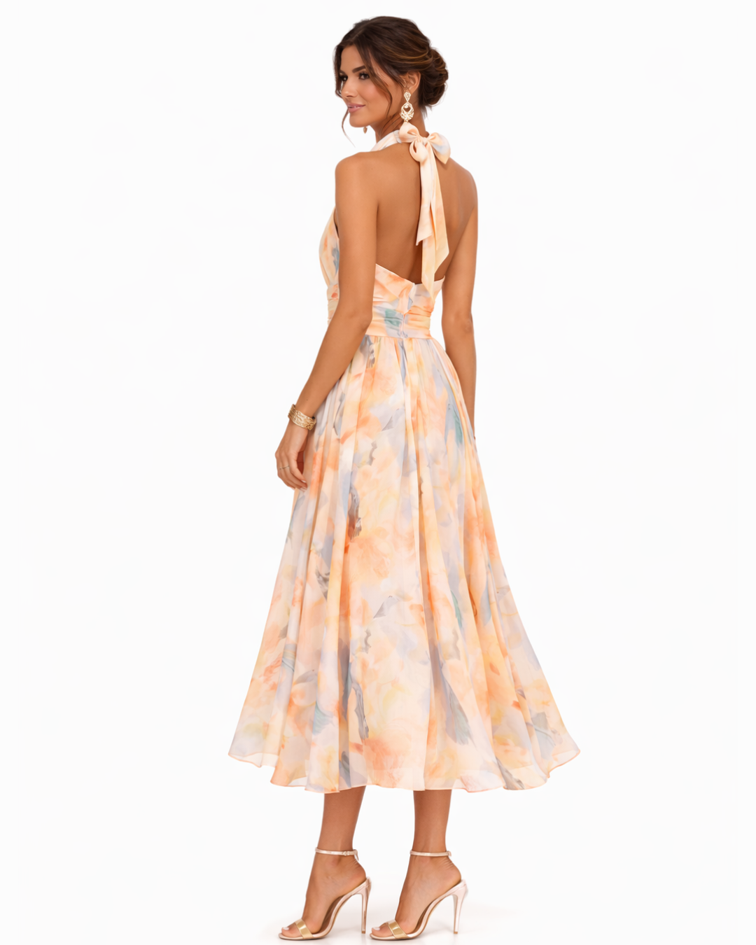 Watercolor Floral Halter Neck Midi Dress Ruched Wais