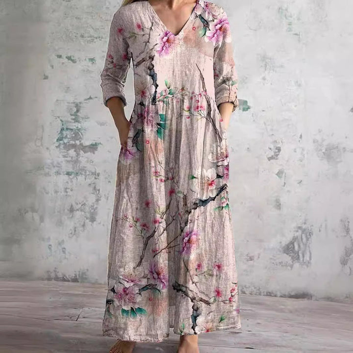 Women's Floral Print V-Neck Maxi Dress Long Sleeve
