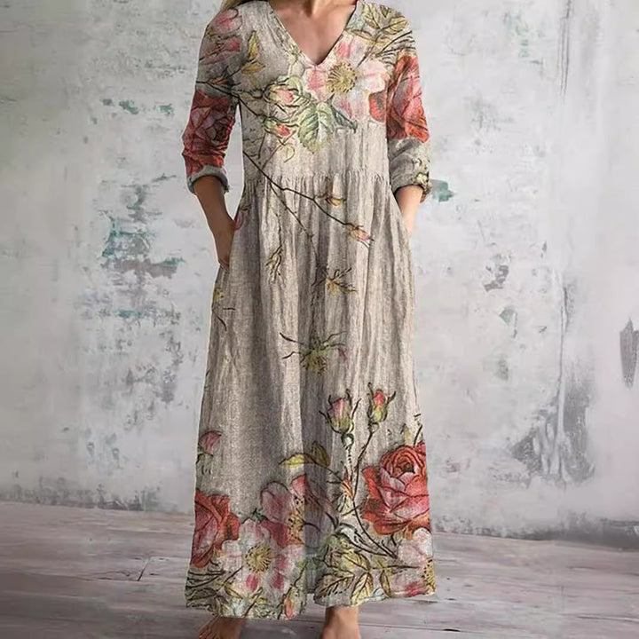 Women's Floral Print V-Neck Maxi Dress Long Sleeve