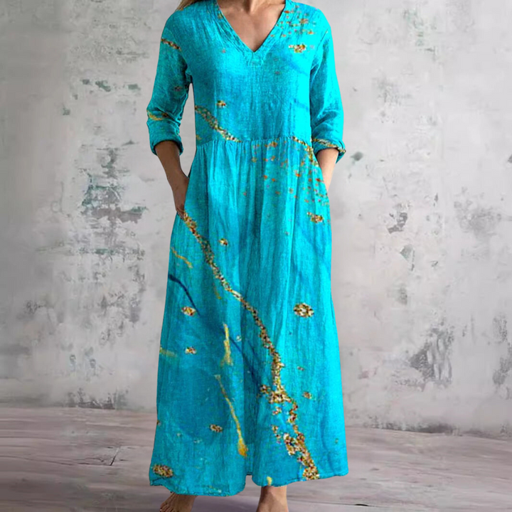 Women's Floral Print V-Neck Maxi Dress Long Sleeve