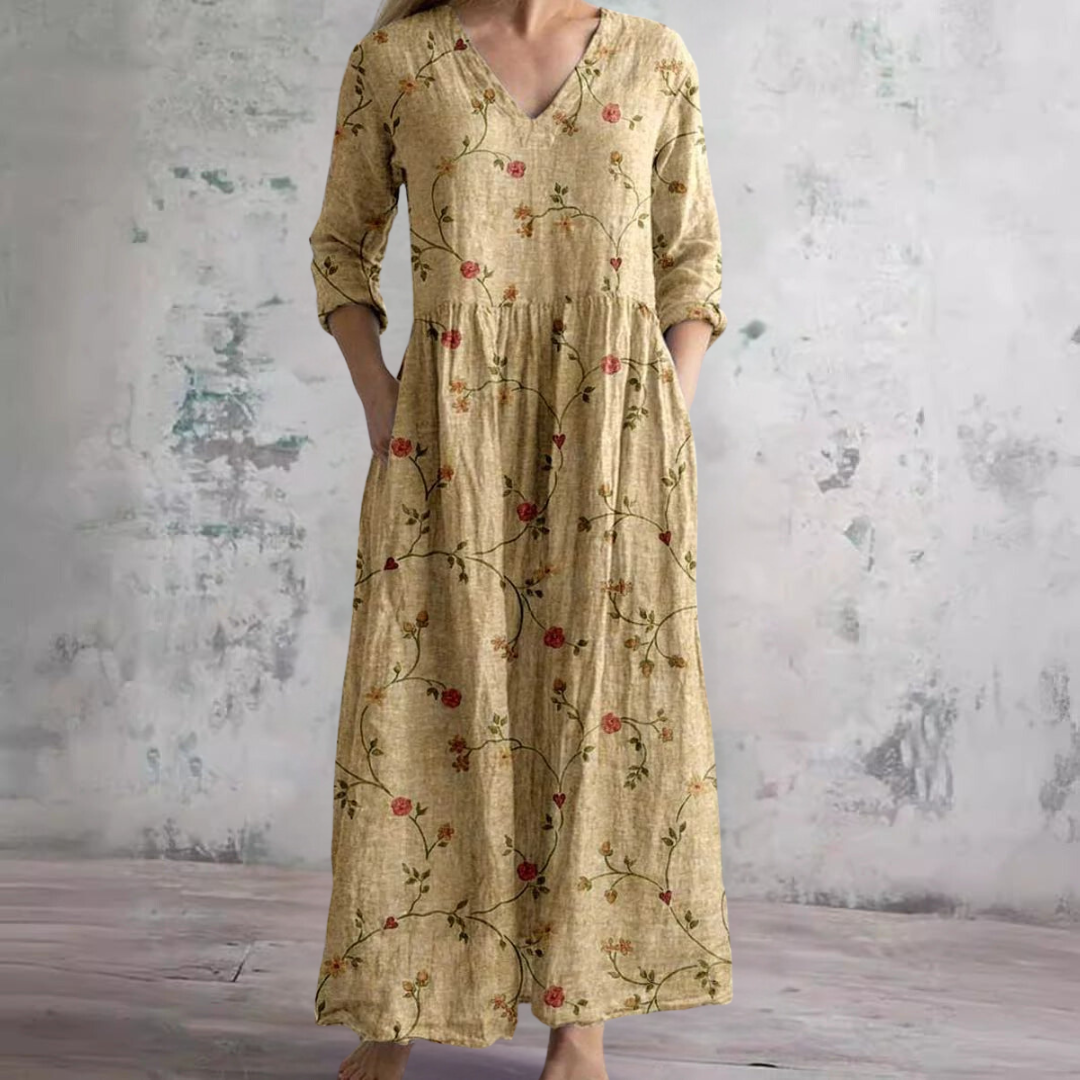 Women's Floral Print V-Neck Maxi Dress Long Sleeve