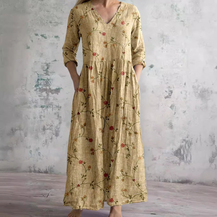 Women's Floral Print V-Neck Maxi Dress Long Sleeve