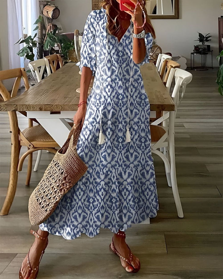 Women's Boho Maxi Dress V-Neck Tassel Tie Front Print
