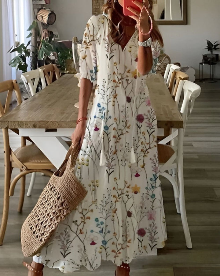 Women's Boho Maxi Dress V-Neck Tassel Tie Front Print