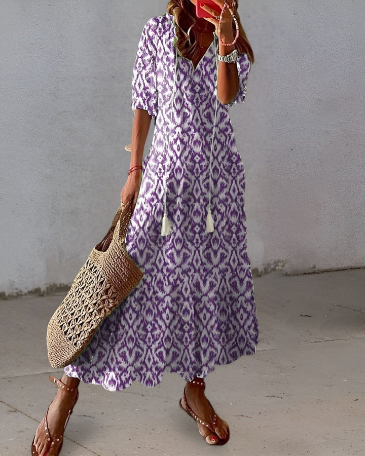 Women's Boho Maxi Dress V-Neck Tassel Tie Front Print