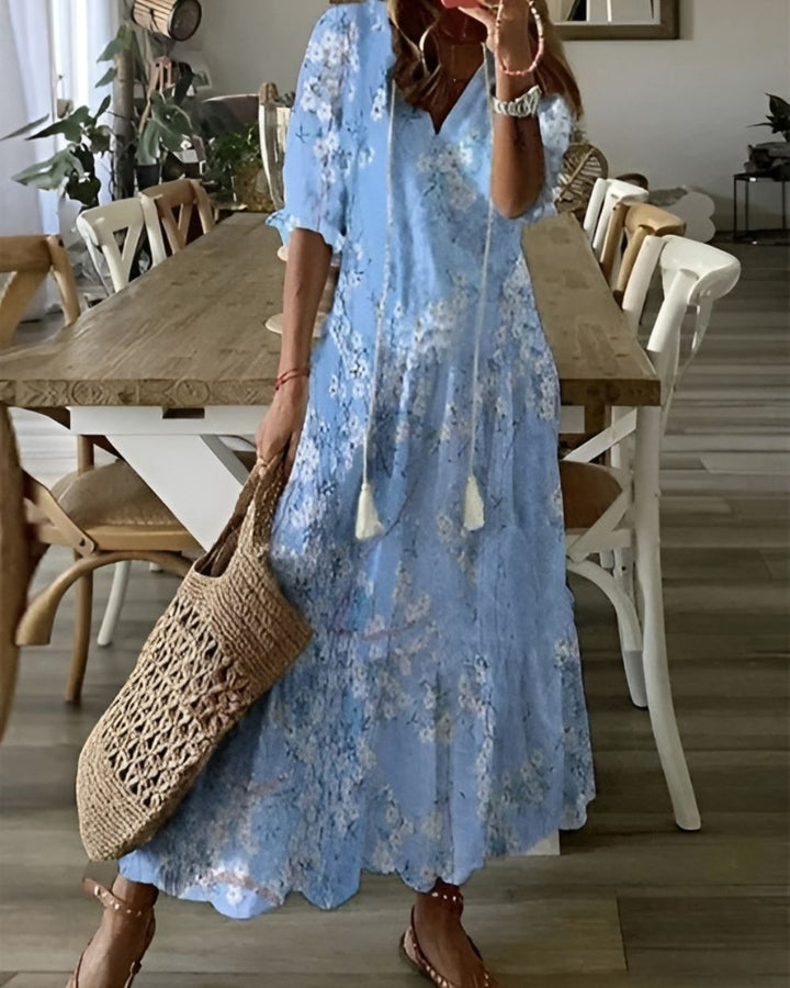 Women's Boho Maxi Dress V-Neck Tassel Tie Front Print