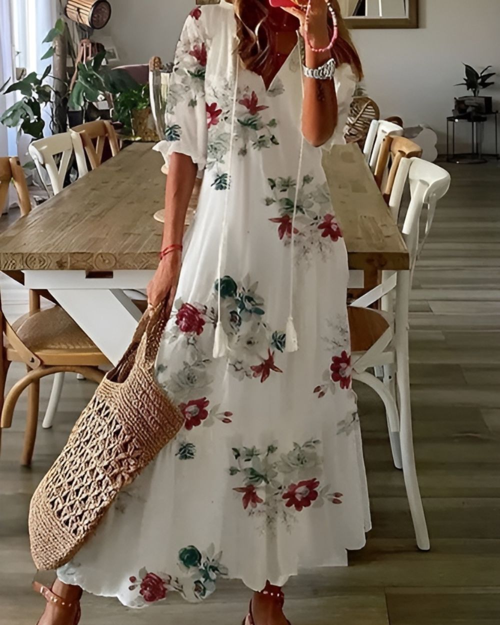 Women's Boho Maxi Dress V-Neck Tassel Tie Front Print