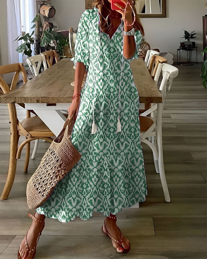 Women's Boho Maxi Dress V-Neck Tassel Tie Front Print