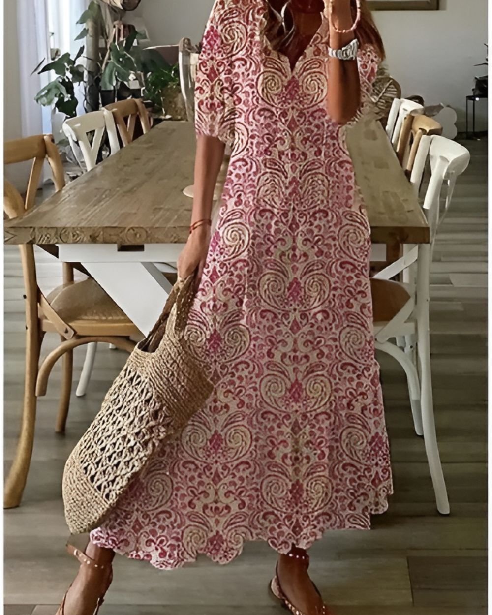 Women's Boho Maxi Dress V-Neck Tassel Tie Front Print
