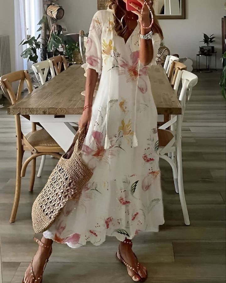 Women's Boho Maxi Dress V-Neck Tassel Tie Front Print