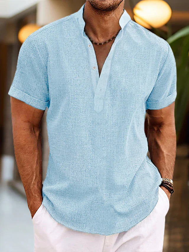 Men's Linen Henley Shirt Short Sleeve Stand Collar