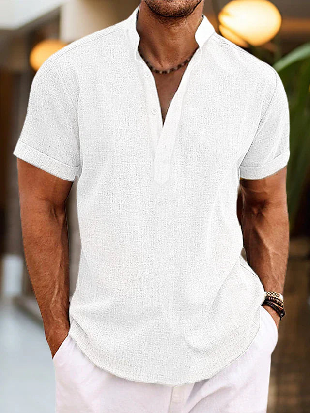 Men's Linen Henley Shirt Short Sleeve Stand Collar