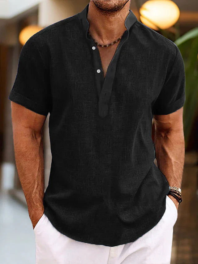 Men's Linen Henley Shirt Short Sleeve Stand Collar