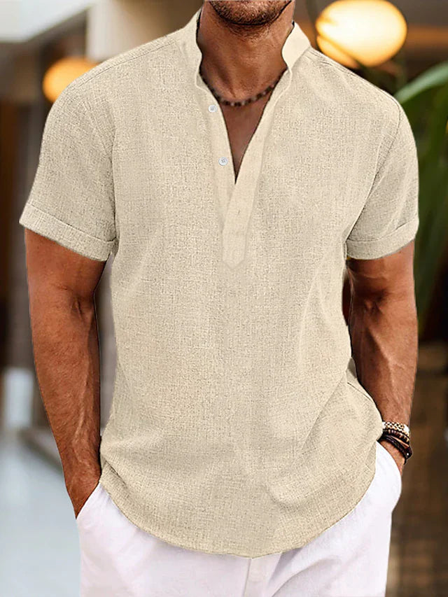 Men's Linen Henley Shirt Short Sleeve Stand Collar