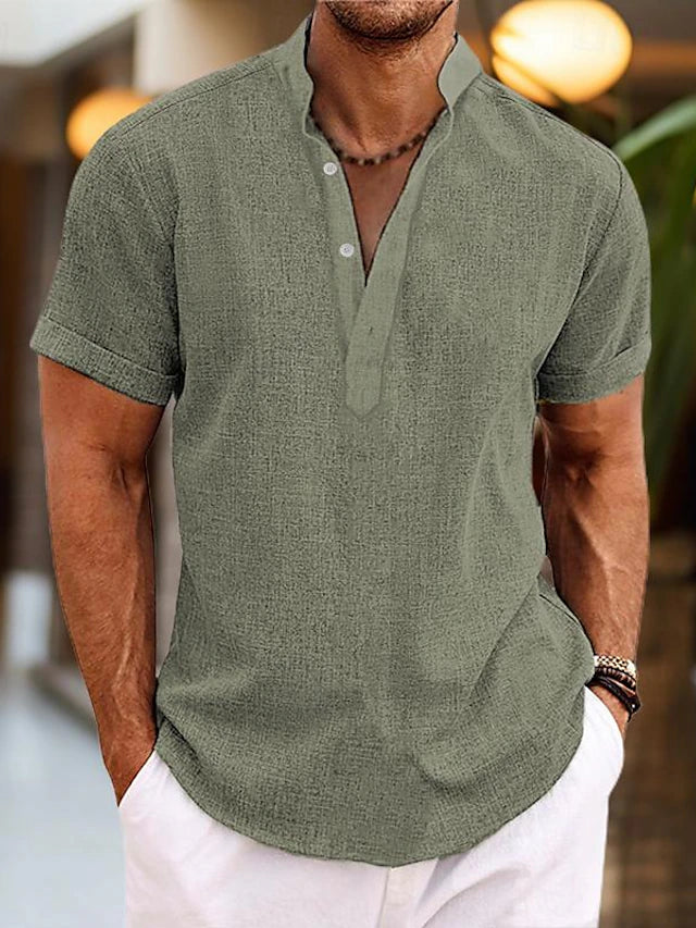 Men's Linen Henley Shirt Short Sleeve Stand Collar