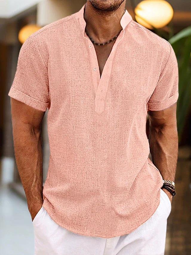 Men's Linen Henley Shirt Short Sleeve Stand Collar