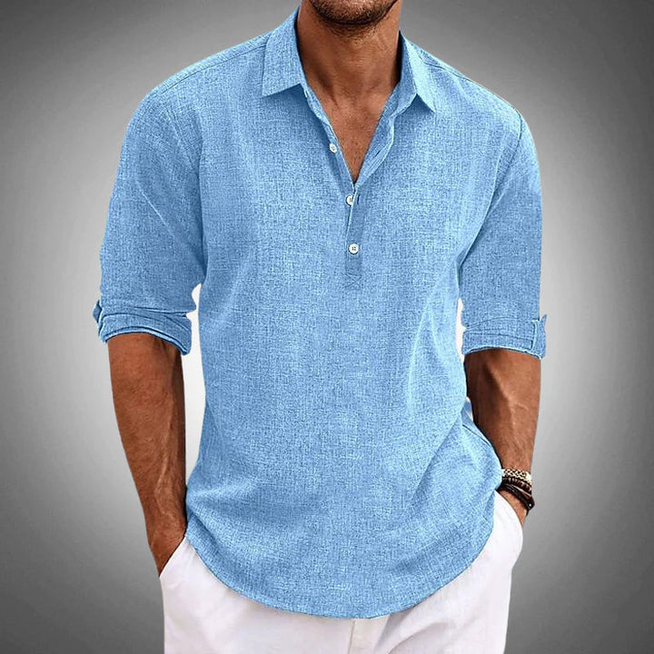 Men's Casual Long Sleeve Henley Shirt with Collar and Button Placket