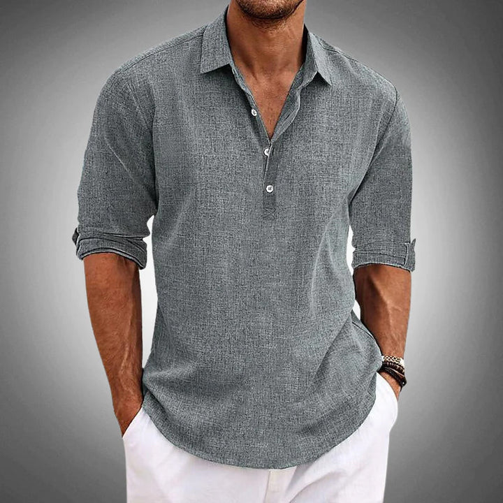 Men's Casual Long Sleeve Henley Shirt with Collar and Button Placket