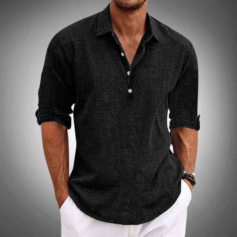 Men's Casual Long Sleeve Henley Shirt with Collar and Button Placket