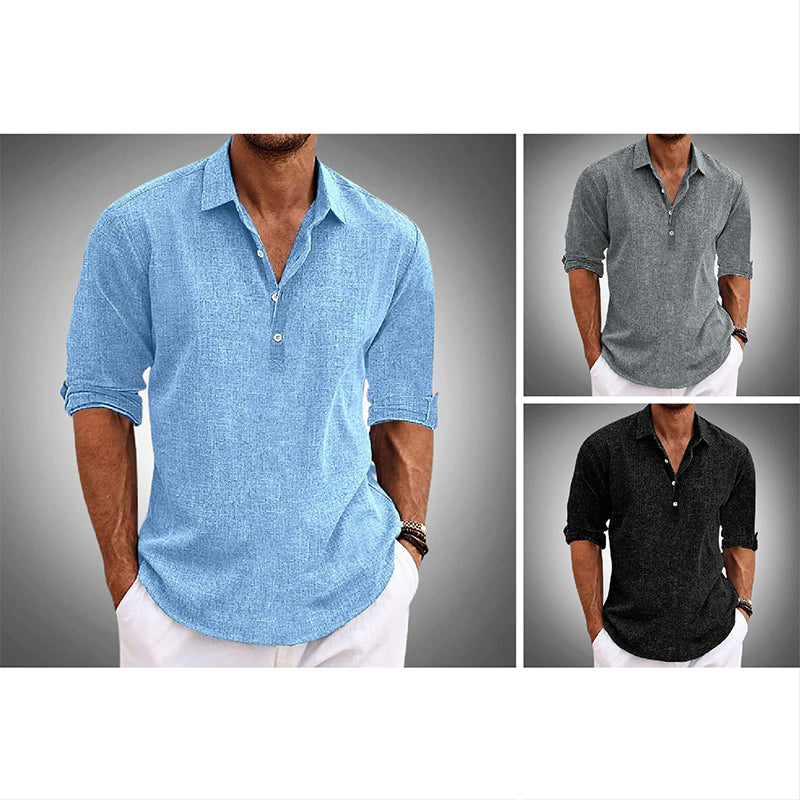 Men's Casual Long Sleeve Henley Shirt with Collar and Button Placket