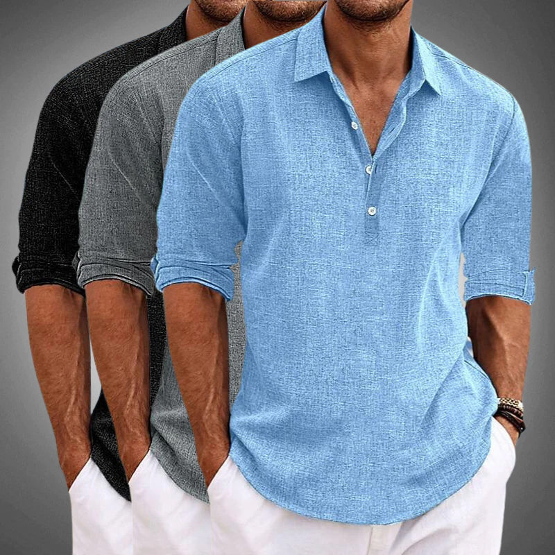 Men's Casual Long Sleeve Henley Shirt with Collar and Button Placket