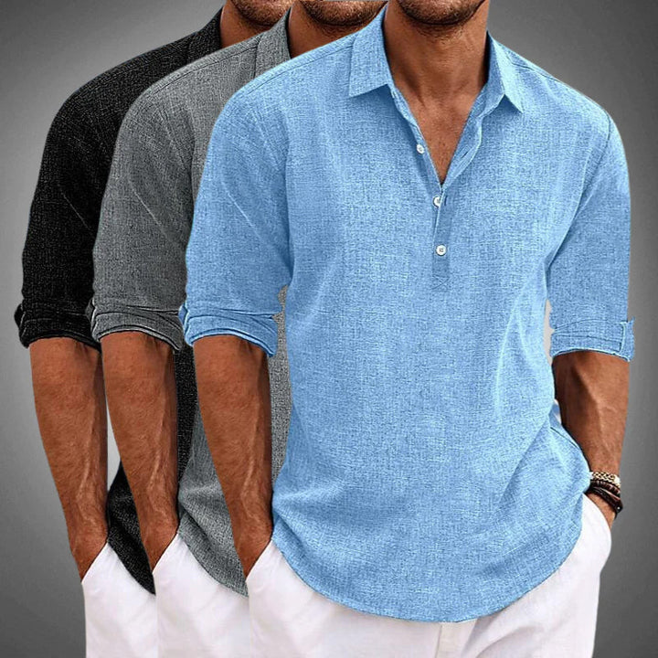 Men's Casual Long Sleeve Henley Shirt with Collar and Button Placket