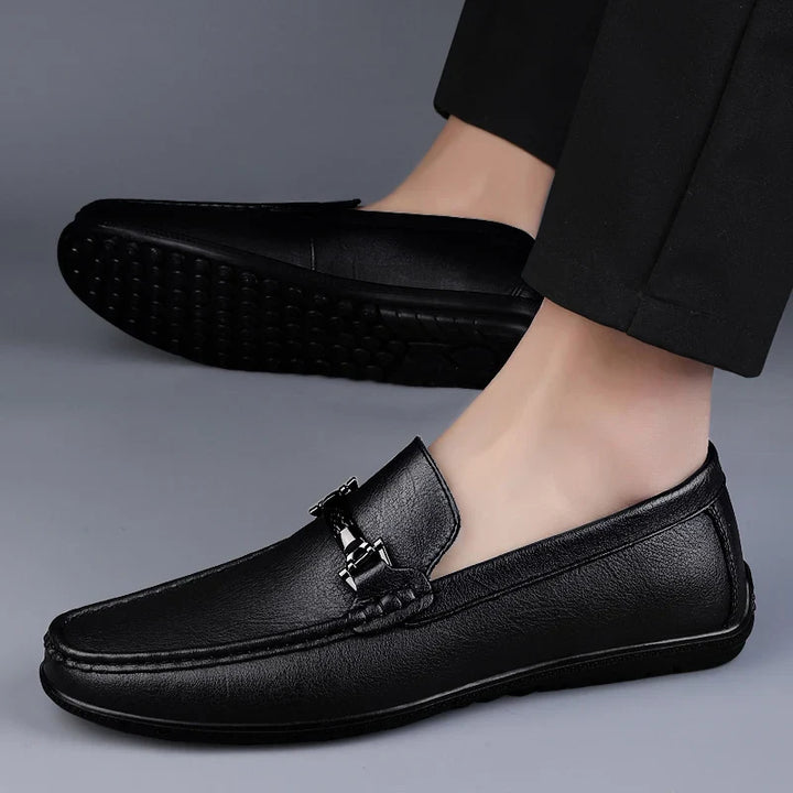 Men's Genuine Leather Slip-On Loafers with Metal Bit Detail and Closed Toe