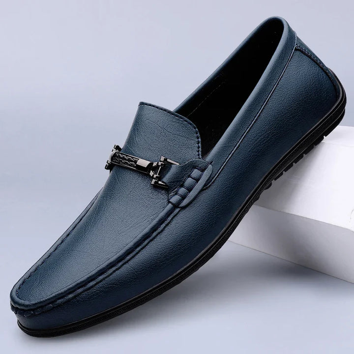 Men's Genuine Leather Slip-On Loafers with Metal Bit Detail and Closed Toe
