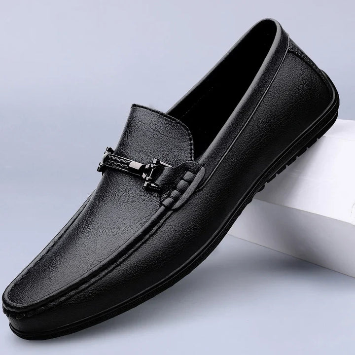 Men's Genuine Leather Slip-On Loafers with Metal Bit Detail and Closed Toe