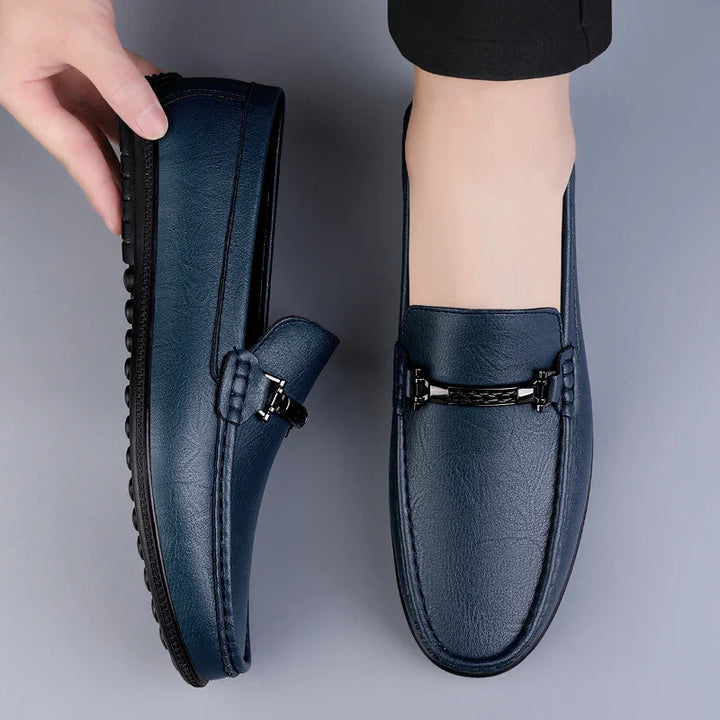 Men's Genuine Leather Slip-On Loafers with Metal Bit Detail and Closed Toe