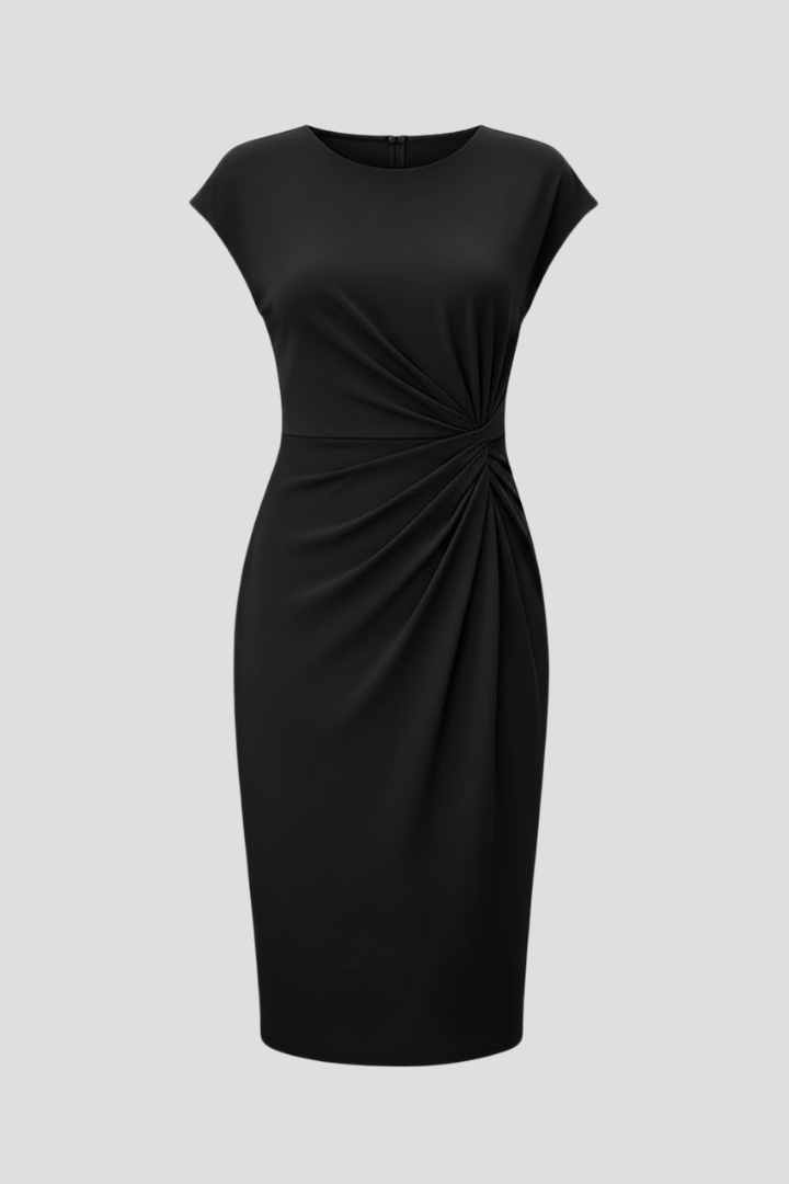 Women's Crew Neck Cap Sleeve Knee-Length Dress with Ruched Waist Detail