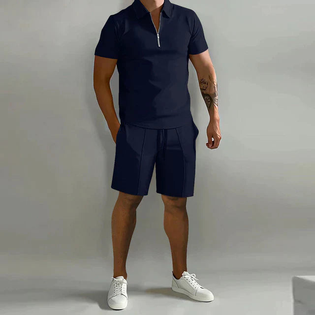 Men's Polo Shirt and Shorts Set Zip Collar Two Piece Summer