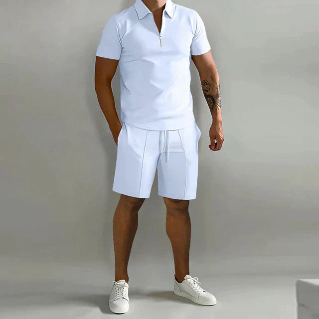Men's Polo Shirt and Shorts Set Zip Collar Two Piece Summer