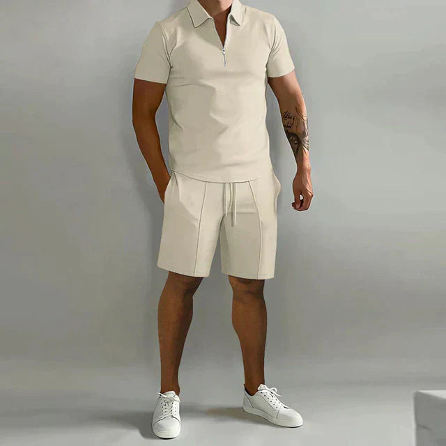 Men's Polo Shirt and Shorts Set Zip Collar Two Piece Summer