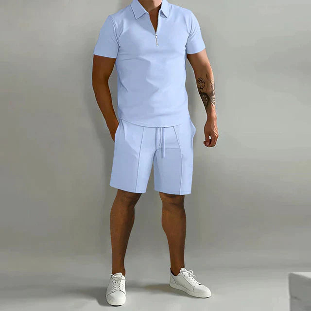 Men's Polo Shirt and Shorts Set Zip Collar Two Piece Summer