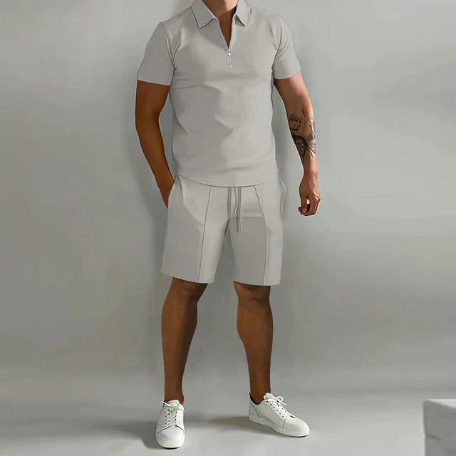 Men's Polo Shirt and Shorts Set Zip Collar Two Piece Summer