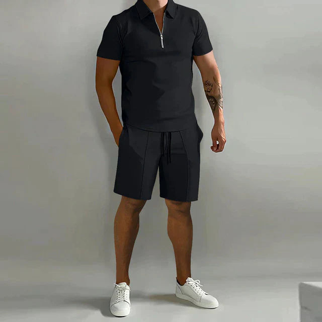 Men's Polo Shirt and Shorts Set Zip Collar Two Piece Summer