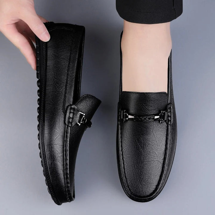 Men's Genuine Leather Slip-On Loafers with Metal Bit Detail and Closed Toe
