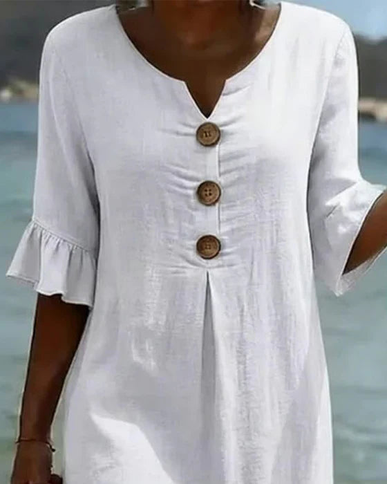 Cotton Linen Midi Dress Flutter Sleeve Button Front V-Neck