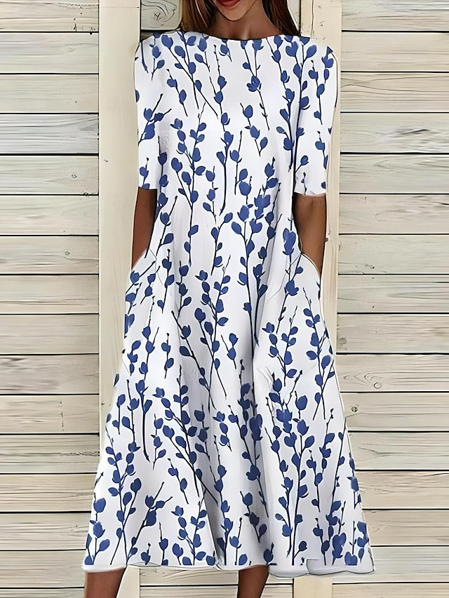Floral Print Midi Dress Short Sleeve with Pockets