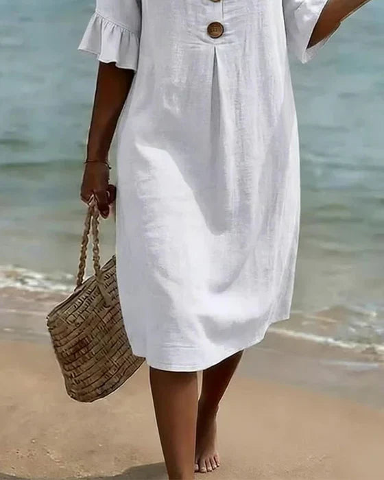 Cotton Linen Midi Dress Flutter Sleeve Button Front V-Neck