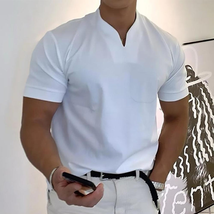 Men's Short Sleeve Collarless V-Neck Polo Shirt with Slim Fit and Plain Design